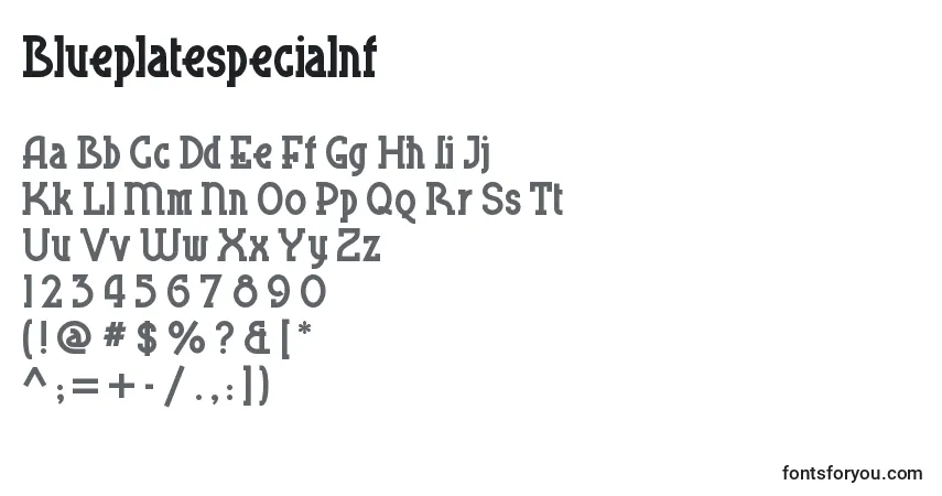 A fonte Blueplatespecialnf – alfabeto, números, caracteres especiais