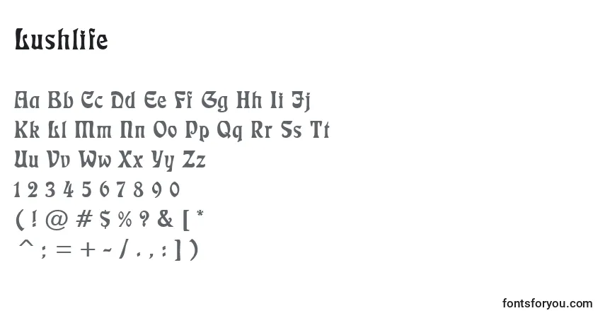 Czcionka Lushlife – alfabet, cyfry, specjalne znaki