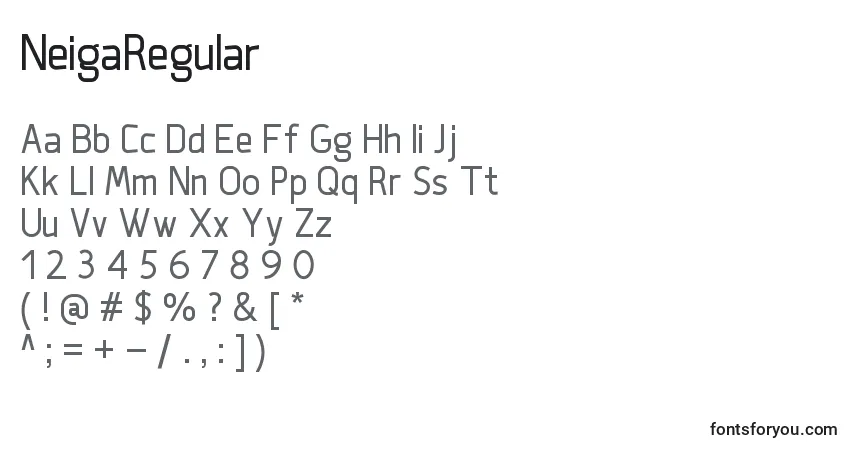 A fonte NeigaRegular – alfabeto, números, caracteres especiais