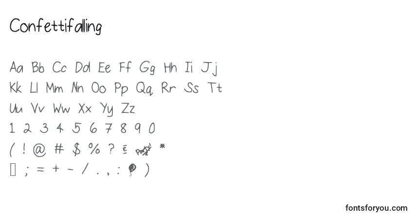 Schriftart Confettifalling – Alphabet, Zahlen, spezielle Symbole