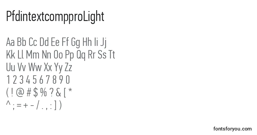 Czcionka PfdintextcompproLight – alfabet, cyfry, specjalne znaki