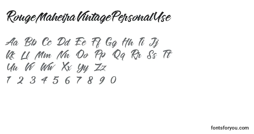 Czcionka RougeMaheiraVintagePersonalUse – alfabet, cyfry, specjalne znaki