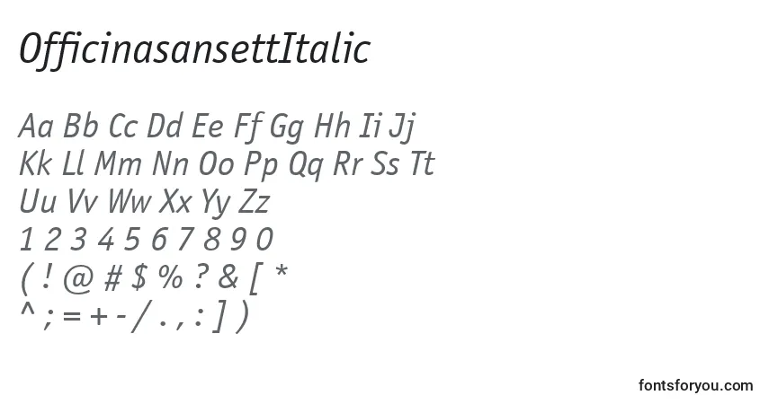 Шрифт OfficinasansettItalic – алфавит, цифры, специальные символы
