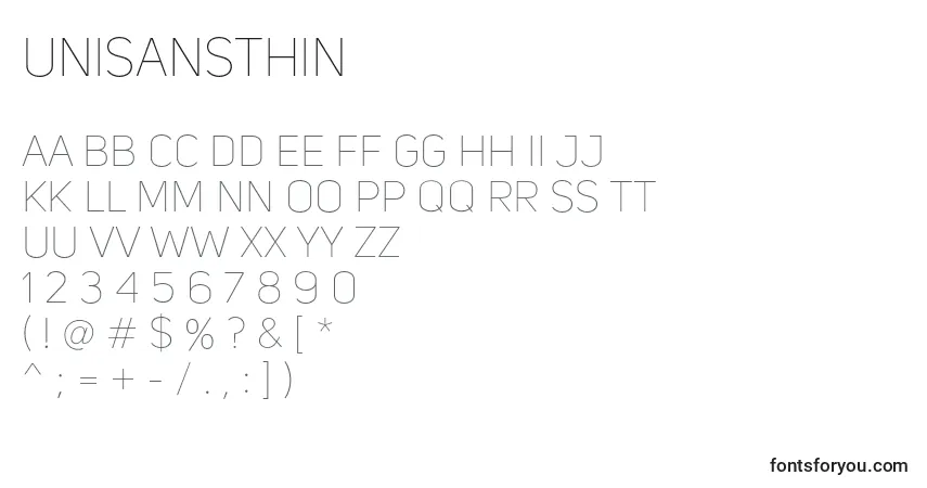 Schriftart UniSansThin – Alphabet, Zahlen, spezielle Symbole