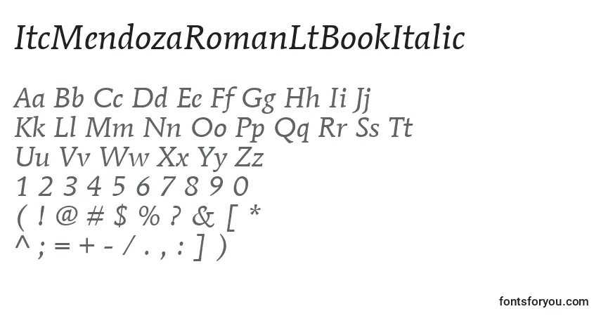 Czcionka ItcMendozaRomanLtBookItalic – alfabet, cyfry, specjalne znaki