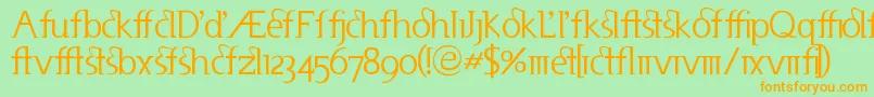フォントUseneta – オレンジの文字が緑の背景にあります。