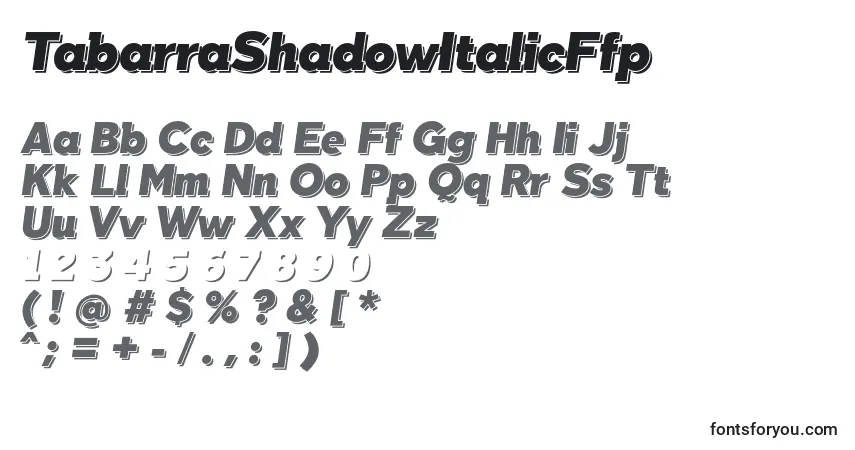 Шрифт TabarraShadowItalicFfp – алфавит, цифры, специальные символы