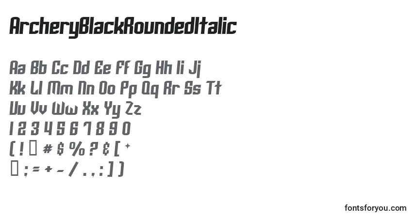 A fonte ArcheryBlackRoundedItalic – alfabeto, números, caracteres especiais