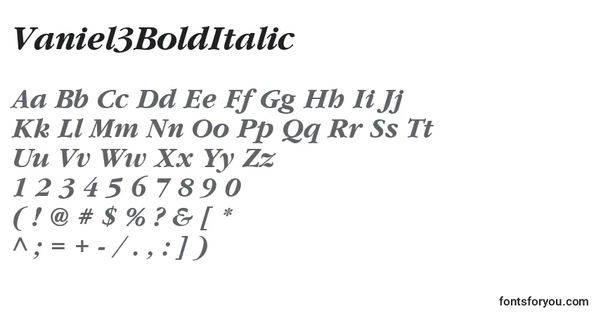 A fonte Vaniel3BoldItalic – alfabeto, números, caracteres especiais