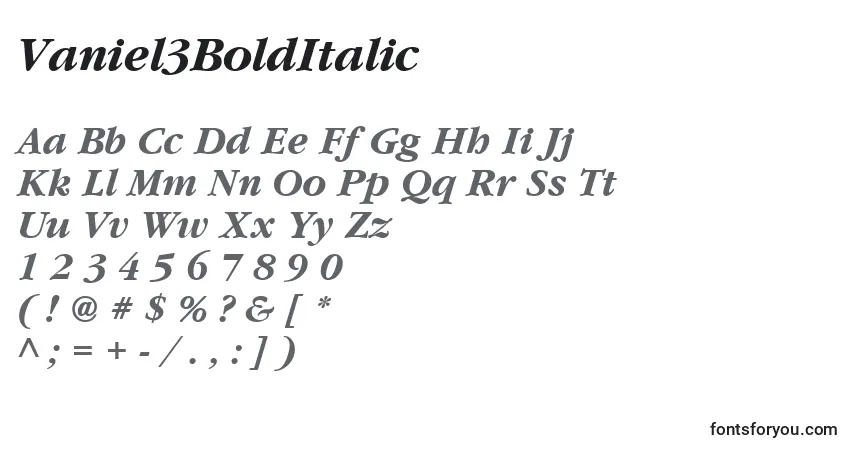 Шрифт Vaniel3BoldItalic – алфавит, цифры, специальные символы