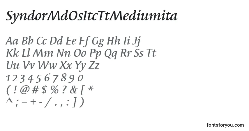 A fonte SyndorMdOsItcTtMediumita – alfabeto, números, caracteres especiais