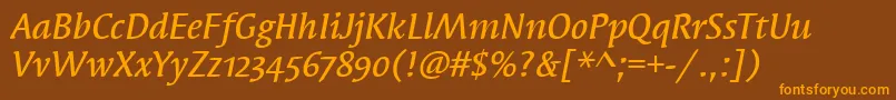 フォントSyndorMdOsItcTtMediumita – オレンジ色の文字が茶色の背景にあります。