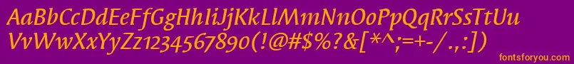 SyndorMdOsItcTtMediumita-Schriftart – Orangefarbene Schriften auf violettem Hintergrund