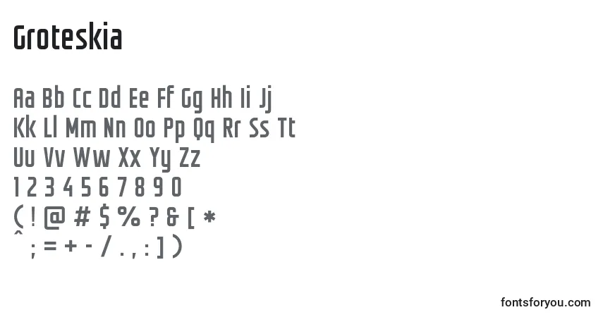 Groteskia-fontti – aakkoset, numerot, erikoismerkit