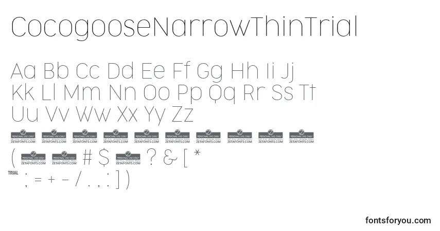 Czcionka CocogooseNarrowThinTrial – alfabet, cyfry, specjalne znaki