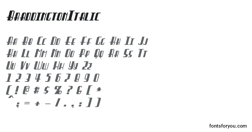 Schriftart BraddingtonItalic – Alphabet, Zahlen, spezielle Symbole