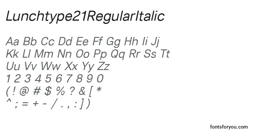 A fonte Lunchtype21RegularItalic – alfabeto, números, caracteres especiais
