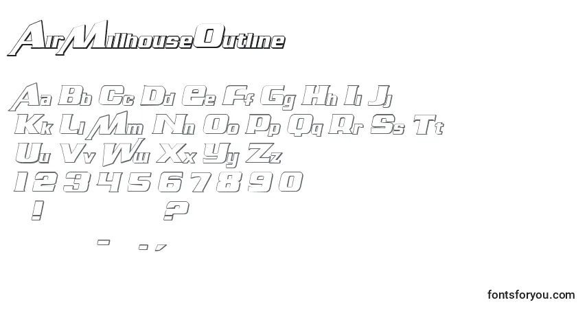 A fonte AirMillhouseOutline – alfabeto, números, caracteres especiais