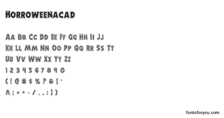Schriftart Horroweenacad – Alphabet, Zahlen, spezielle Symbole