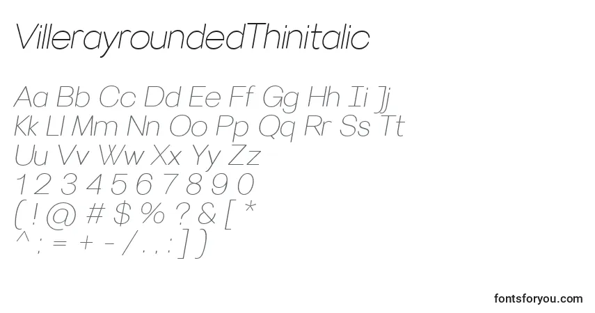Шрифт VillerayroundedThinitalic – алфавит, цифры, специальные символы