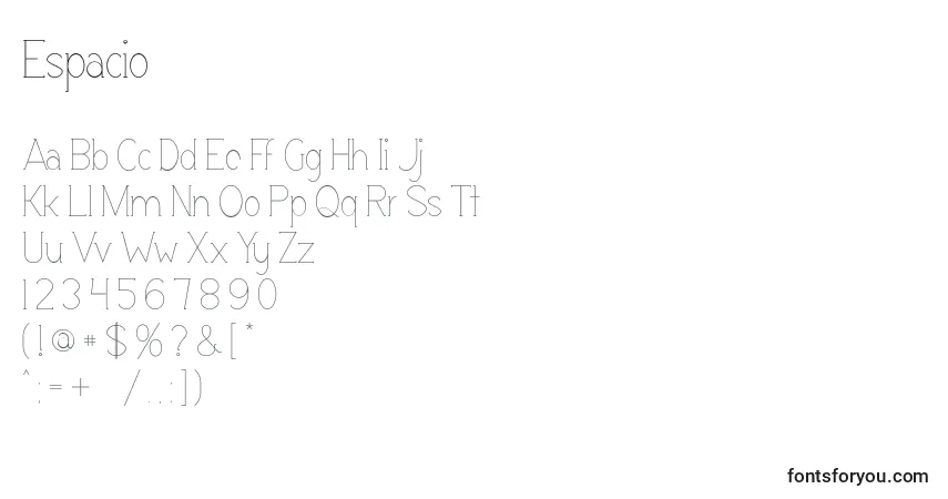 Czcionka Espacio – alfabet, cyfry, specjalne znaki