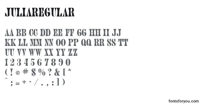 A fonte JuliaRegular – alfabeto, números, caracteres especiais