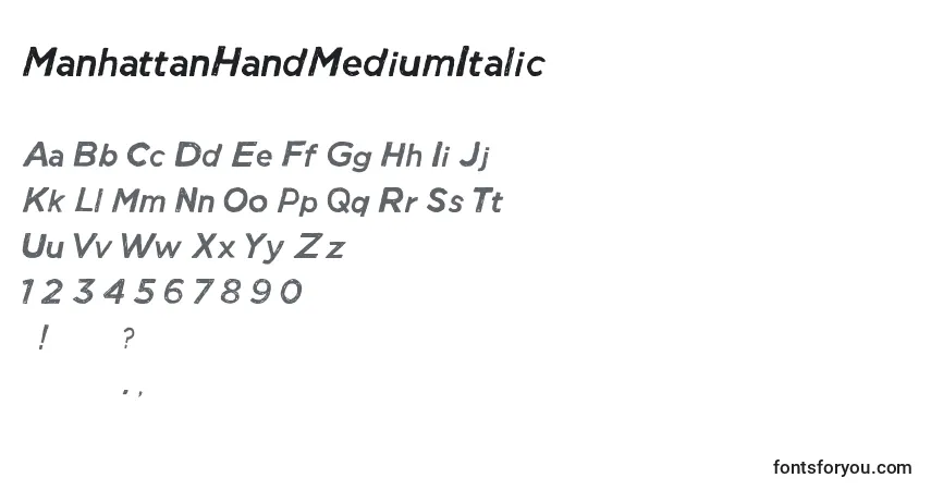 ManhattanHandMediumItalic-fontti – aakkoset, numerot, erikoismerkit