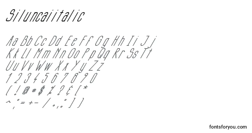Czcionka Siluncaiitalic – alfabet, cyfry, specjalne znaki
