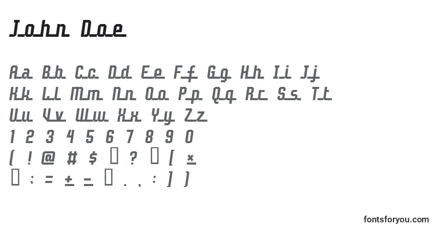 Czcionka John Doe – alfabet, cyfry, specjalne znaki