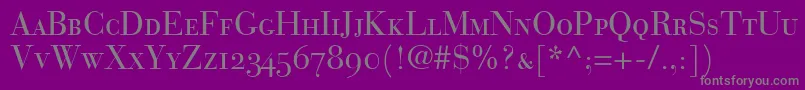 BauerBodoniRomanSmallCapsOldstyleFigures-fontti – harmaat kirjasimet violetilla taustalla