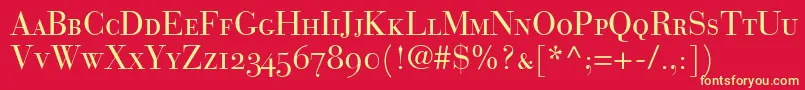 BauerBodoniRomanSmallCapsOldstyleFigures-fontti – keltaiset fontit punaisella taustalla