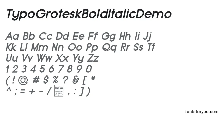Schriftart TypoGroteskBoldItalicDemo – Alphabet, Zahlen, spezielle Symbole