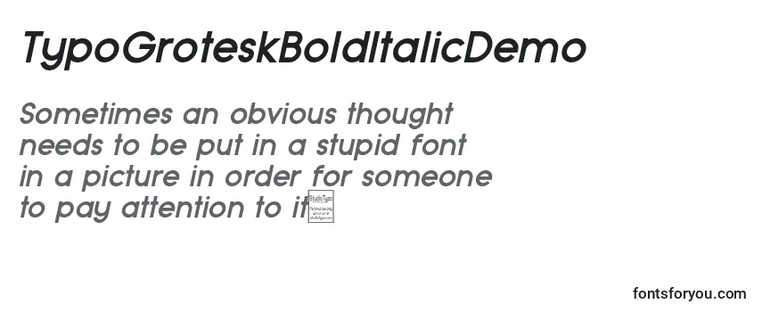 Überblick über die Schriftart TypoGroteskBoldItalicDemo