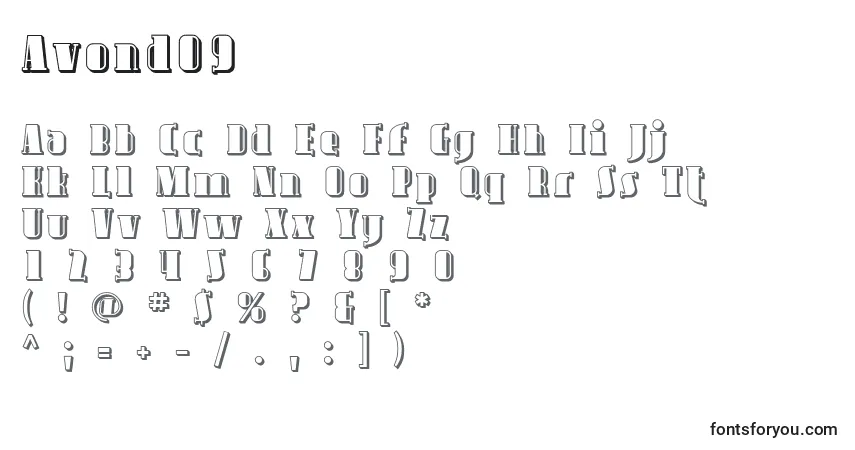 Czcionka Avond09 – alfabet, cyfry, specjalne znaki