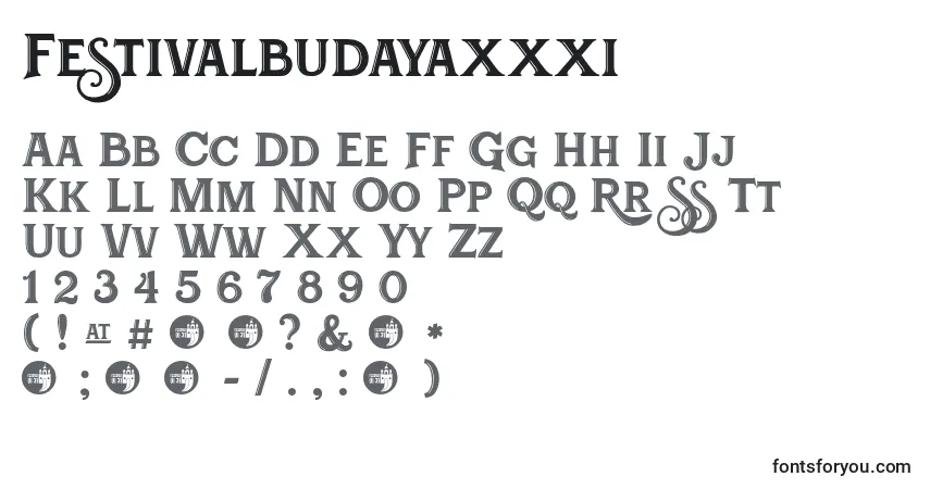 Schriftart Festivalbudayaxxxi – Alphabet, Zahlen, spezielle Symbole