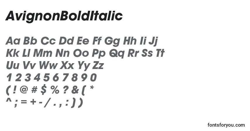 A fonte AvignonBoldItalic – alfabeto, números, caracteres especiais