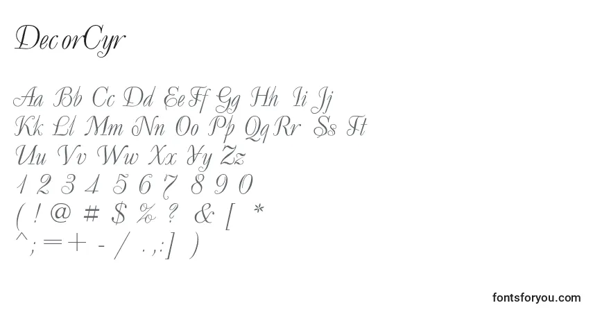 Schriftart DecorCyr – Alphabet, Zahlen, spezielle Symbole