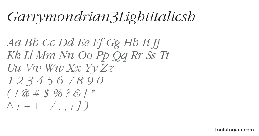 A fonte Garrymondrian3Lightitalicsh – alfabeto, números, caracteres especiais