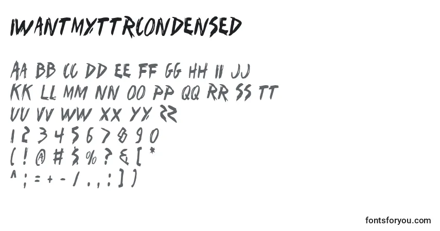 Czcionka IWantMyTtrCondensed – alfabet, cyfry, specjalne znaki