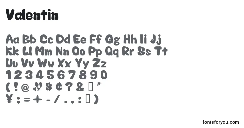 Czcionka Valentin – alfabet, cyfry, specjalne znaki