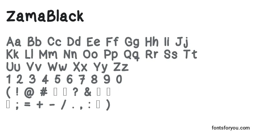A fonte ZamaBlack – alfabeto, números, caracteres especiais