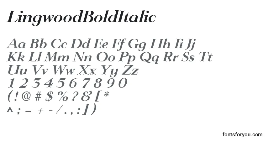 Czcionka LingwoodBoldItalic – alfabet, cyfry, specjalne znaki