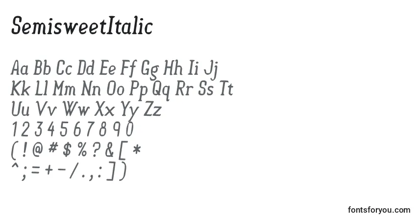 A fonte SemisweetItalic – alfabeto, números, caracteres especiais