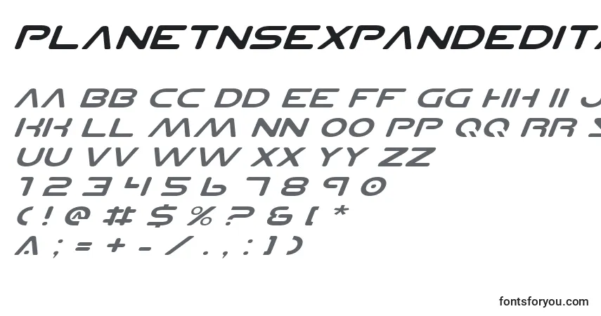 A fonte PlanetNsExpandedItalic – alfabeto, números, caracteres especiais