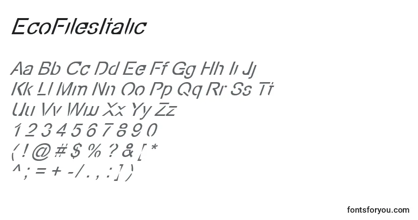 Czcionka EcoFilesItalic – alfabet, cyfry, specjalne znaki