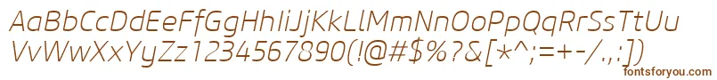 CoreSansM25ExtralightItalic-Schriftart – Braune Schriften auf weißem Hintergrund