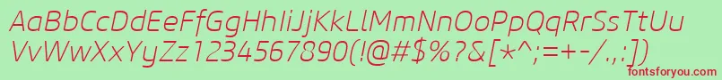 CoreSansM25ExtralightItalic-fontti – punaiset fontit vihreällä taustalla