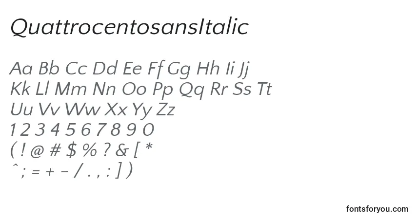 Czcionka QuattrocentosansItalic – alfabet, cyfry, specjalne znaki