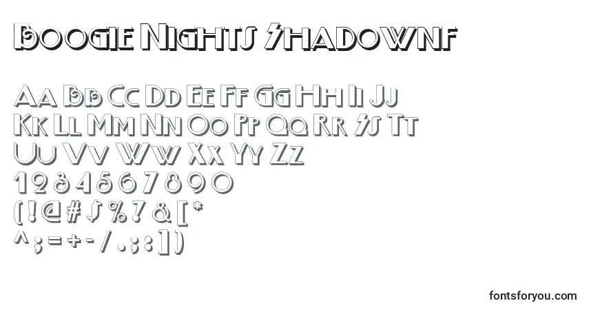 Czcionka Boogie Nights Shadownf – alfabet, cyfry, specjalne znaki