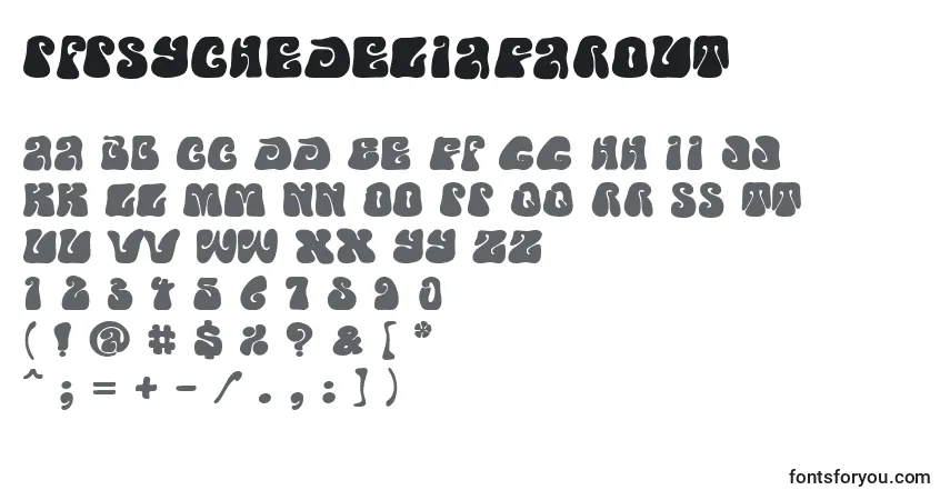 A fonte PfpsychedeliaFarout – alfabeto, números, caracteres especiais